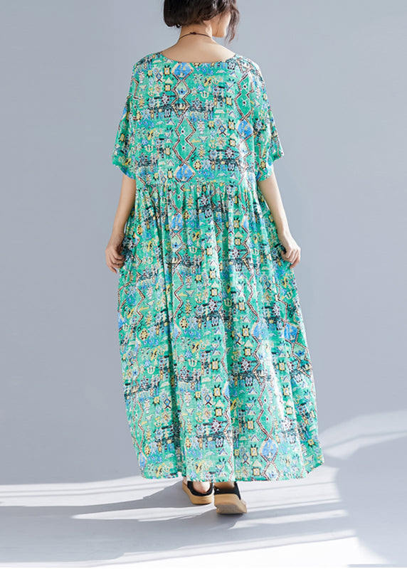 Organic Green Print Linen Wardrobes Design O Neck Cinched Robe Summer Dresses