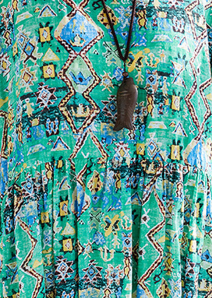 Organic Green Print Linen Wardrobes Design O Neck Cinched Robe Summer Dresses