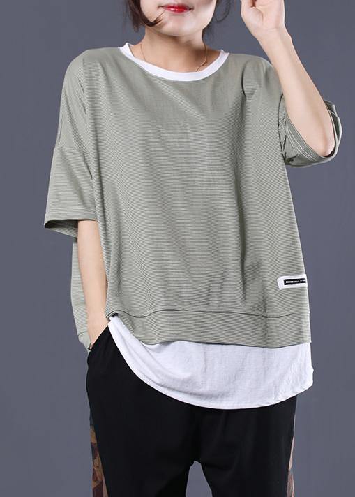 Organic Green Striped Patchwork Cotton Blouse False Two Pieces Summer Blouse