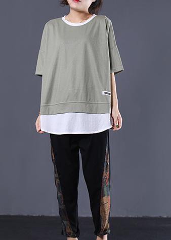 Organic Green Striped Patchwork Cotton Blouse False Two Pieces Summer Blouse