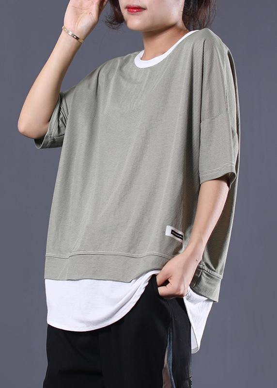Organic Green Striped Patchwork Cotton Blouse False Two Pieces Summer Blouse