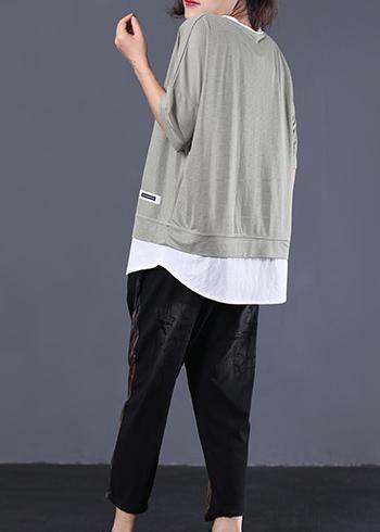 Organic Green Striped Patchwork Cotton Blouse False Two Pieces Summer Blouse
