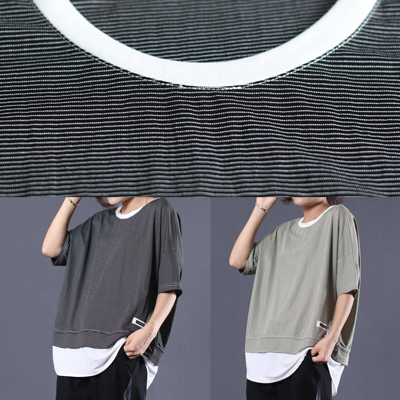 Organic Green Striped Patchwork Cotton Blouse False Two Pieces Summer Blouse