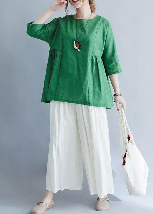 Organic Green Cinched Linen Cotton Tunic Pattern Wardrobes Half Sleeve Summer Top