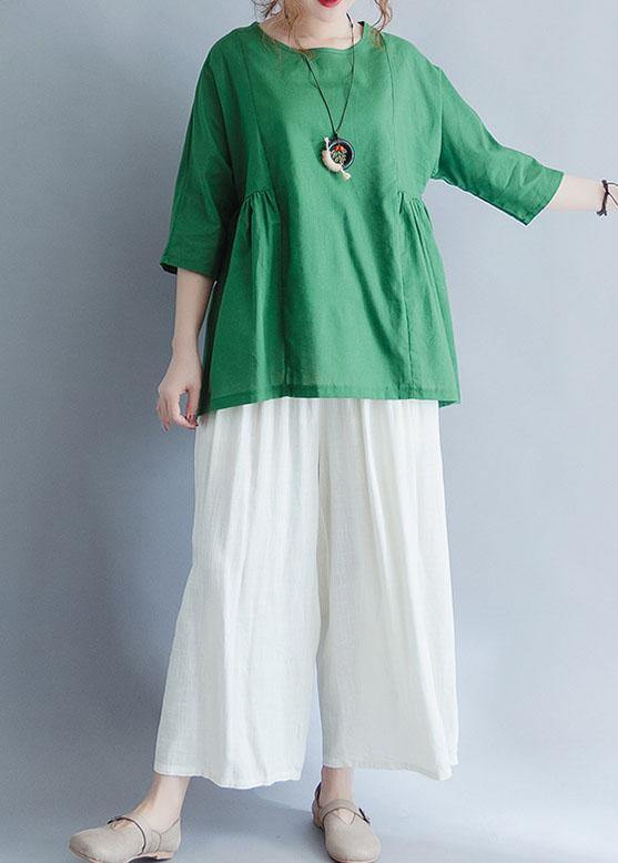 Organic Green Cinched Linen Cotton Tunic Pattern Wardrobes Half Sleeve Summer Top