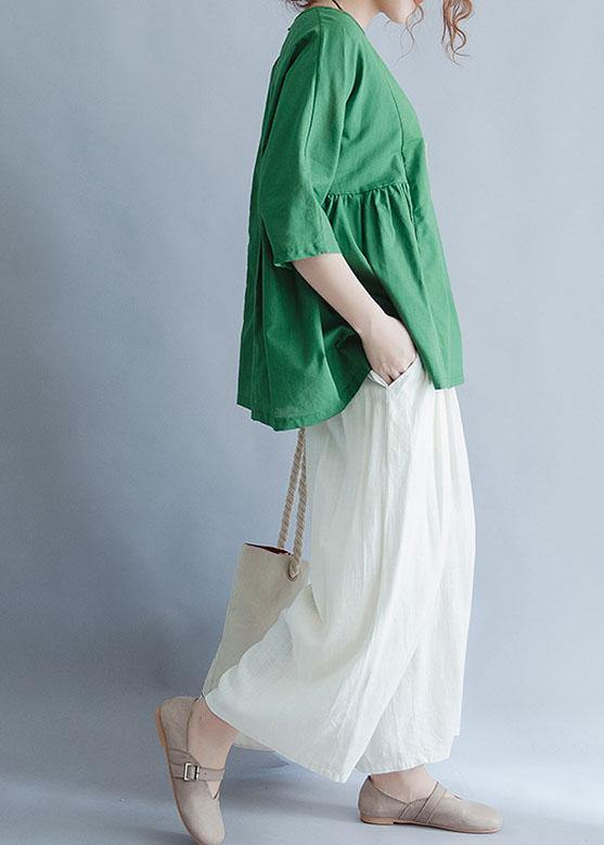 Organic Green Cinched Linen Cotton Tunic Pattern Wardrobes Half Sleeve Summer Top