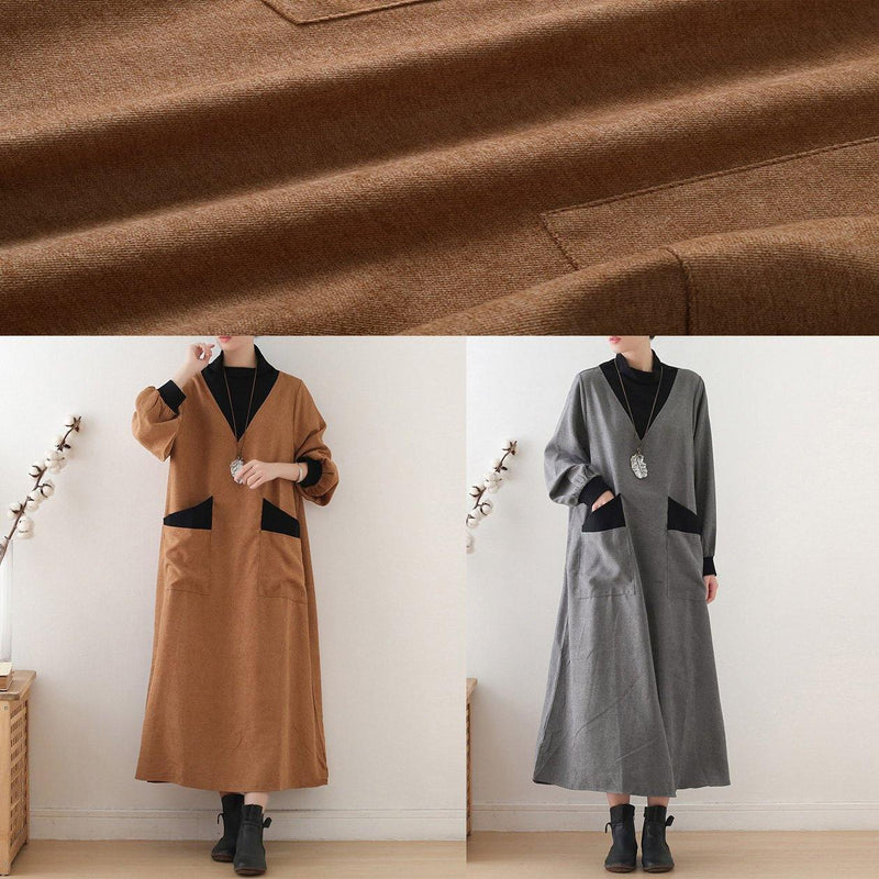 Organic High Neck Patchwork Cotton Dresses Work Outfits Yellow a Line Dresses Fall
