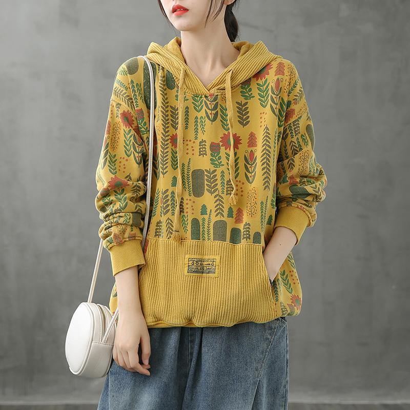 Organic Hooded Fall Crane Tops Neckline Yellow Plant Printing Shirts