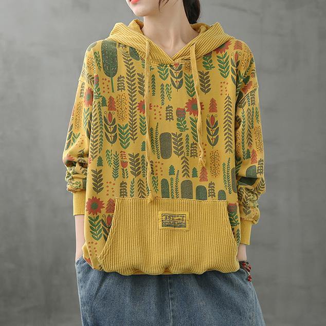 Organic Hooded Fall Crane Tops Neckline Yellow Plant Printing Shirts