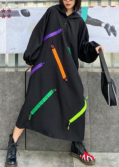 Organic Hooded Long Sleeve Fallclothes Design Black Long Dress