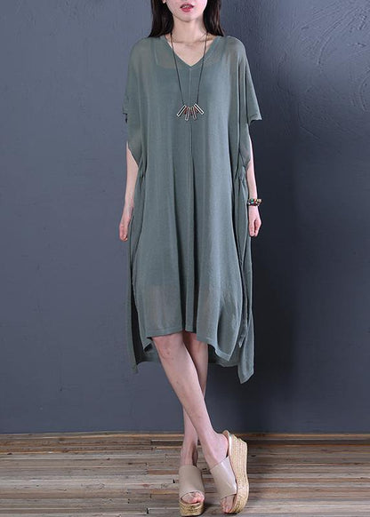 Organic Khaki Linen Clothes for V Neck Side Open Baggy Summer Dress