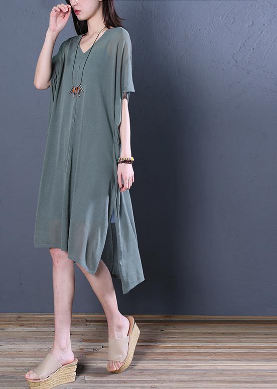 Organic Khaki Linen Clothes for V Neck Side Open Baggy Summer Dress