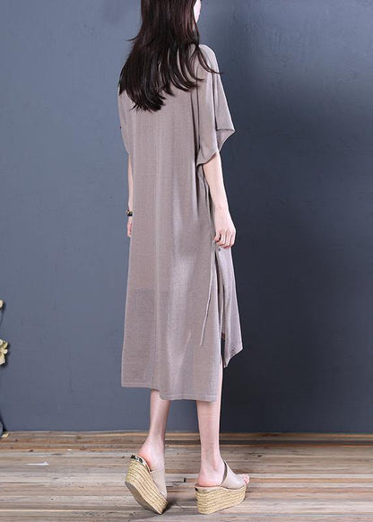 Organic Khaki Linen Clothes for V Neck Side Open Baggy Summer Dress