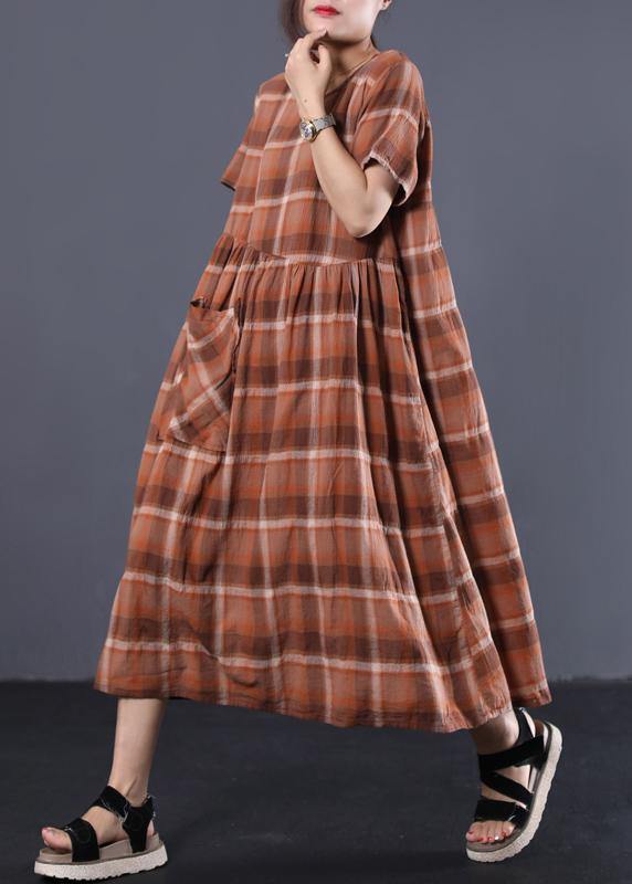 Organic Khaki Plaid O Neck Cotton Clothes Big Hem Long Summer Dresses