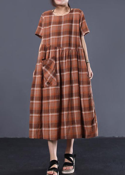 Organic Khaki Plaid O Neck Cotton Clothes Big Hem Long Summer Dresses