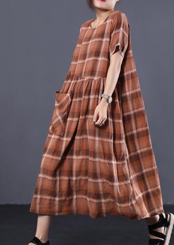 Organic Khaki Plaid O Neck Cotton Clothes Big Hem Long Summer Dresses