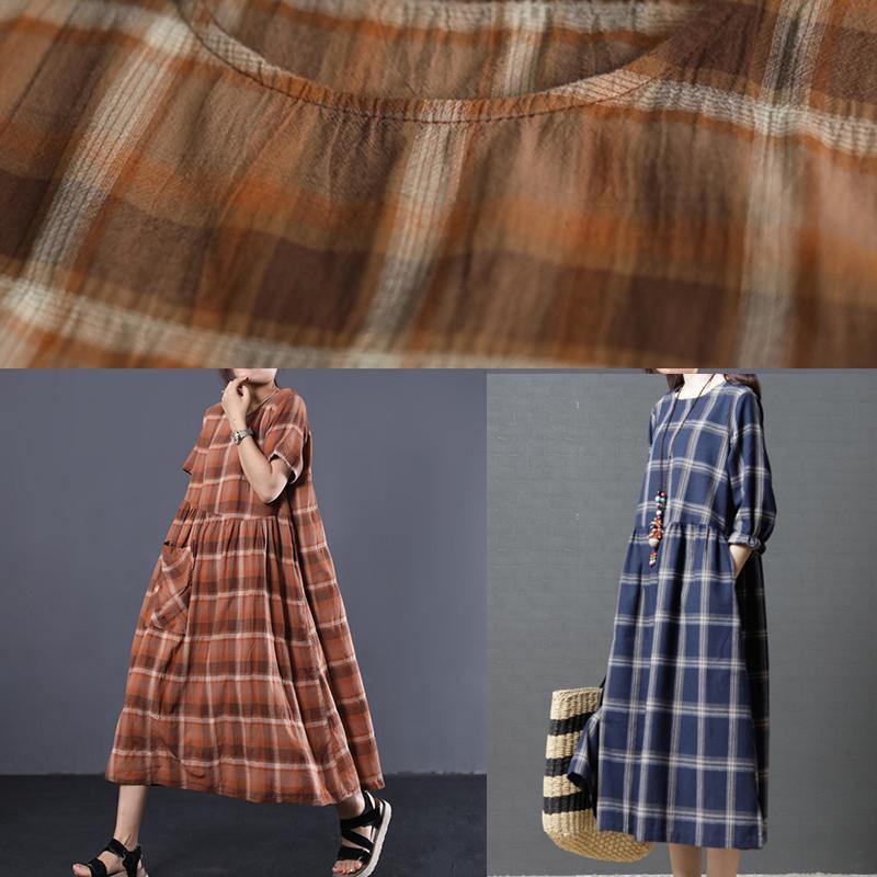 Organic Khaki Plaid O Neck Cotton Clothes Big Hem Long Summer Dresses