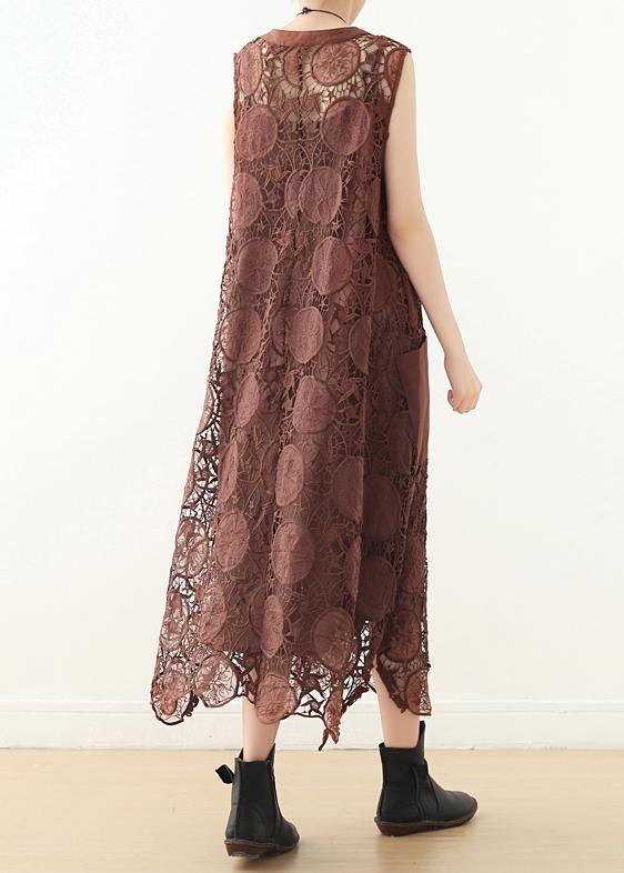Organic Chocolate Sleeveless Cotton Tunics O Neck Lace Summer Dresses