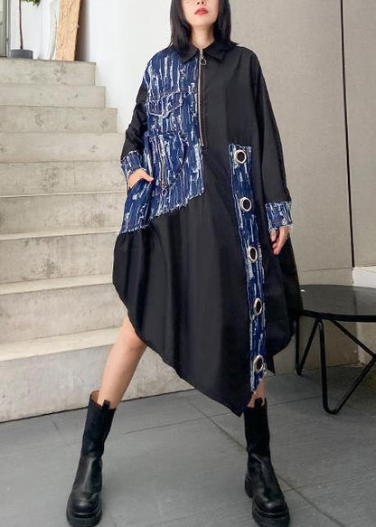 Organic Lapel Asymmetric Dresses Catwalk Black Robe Dress