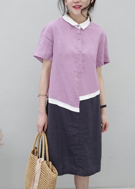 Organic Lapel Patchwork Linen Summerlong Shirts Pattern Purple Dress