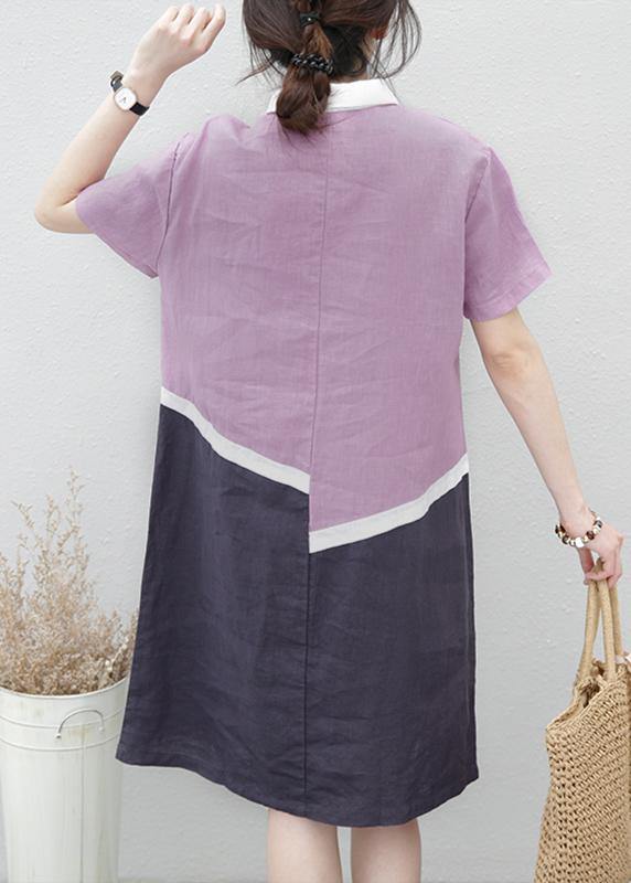 Organic Lapel Patchwork Linen Summerlong Shirts Pattern Purple Dress