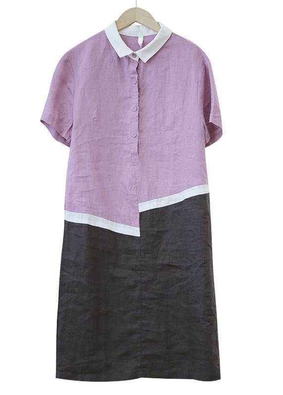 Organic Lapel Patchwork Linen Summerlong Shirts Pattern Purple Dress
