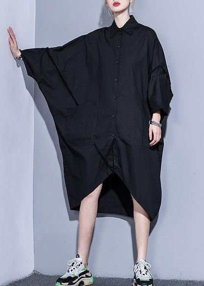 Organic Lapel Pockets Patchwork Cotton Spring Clothes for Design Black Traveling Dress