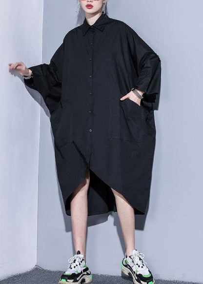 Organic Lapel Pockets Patchwork Cotton Spring Clothes for Design Black Traveling Dress