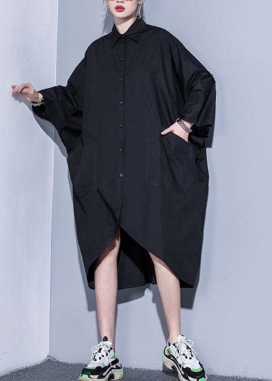 Organic Lapel Pockets Patchwork Cotton Spring Clothes for Design Black Traveling Dress