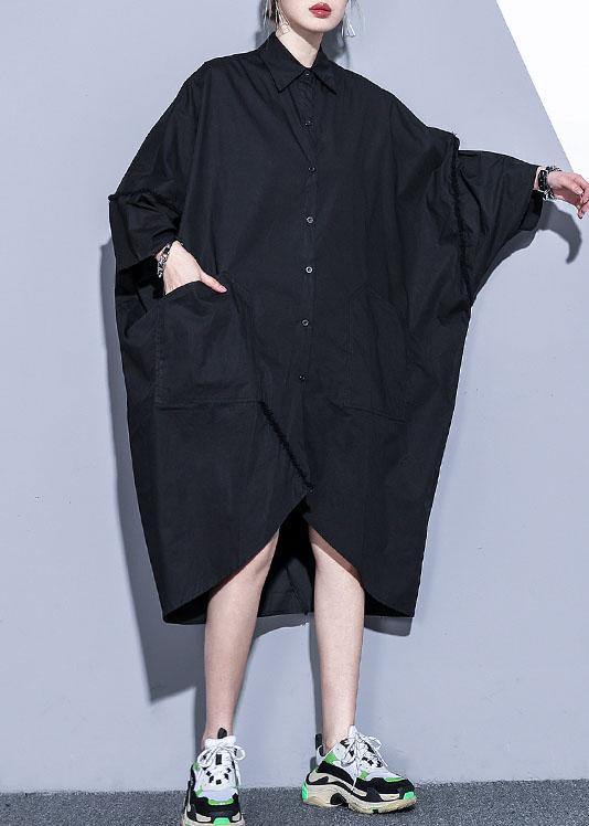 Organic Lapel Pockets Patchwork Cotton Spring Clothes for Design Black Traveling Dress