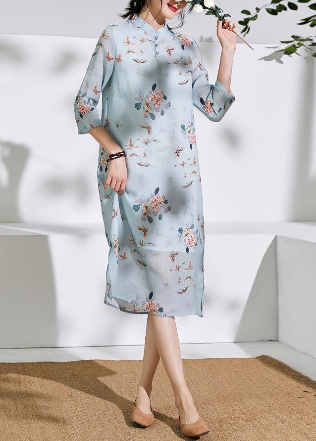 Organic Light Blue Linen Clothes Stand Collar Half Sleeve Loose Summer Dress