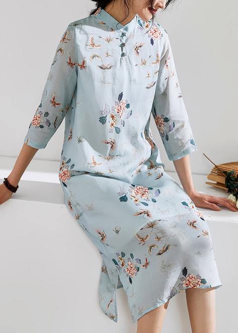 Organic Light Blue Linen Clothes Stand Collar Half Sleeve Loose Summer Dress