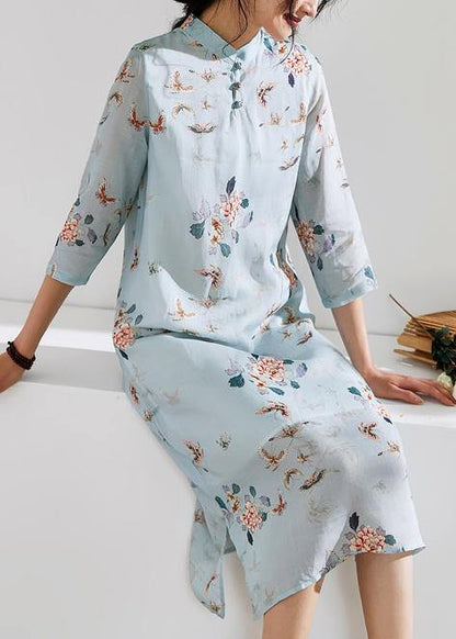 Organic Light Blue Linen Clothes Stand Collar Half Sleeve Loose Summer Dress