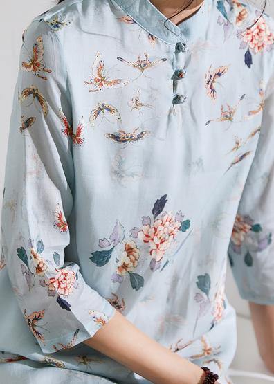 Organic Light Blue Linen Clothes Stand Collar Half Sleeve Loose Summer Dress