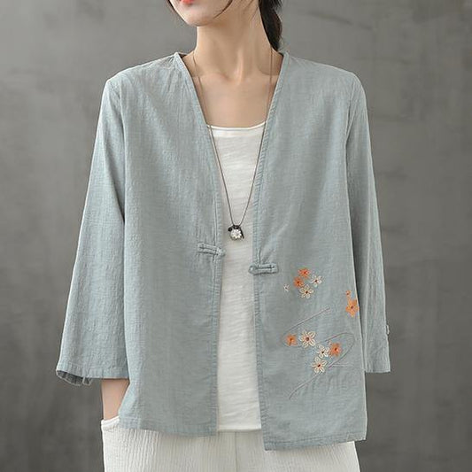 Organic Light Blue Shirts V Neck Chinese Button Knee Blouse