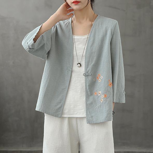 Organic Light Blue Shirts V Neck Chinese Button Knee Blouse