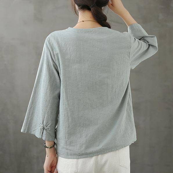 Organic Light Blue Shirts V Neck Chinese Button Knee Blouse