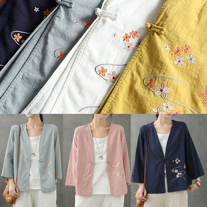 Organic Light Blue Shirts V Neck Chinese Button Knee Blouse