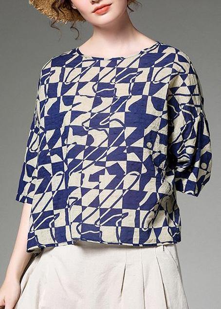 Organic Linen Cotton Tunic Korea Summer Short Sleeve Blue Plaid Blouse