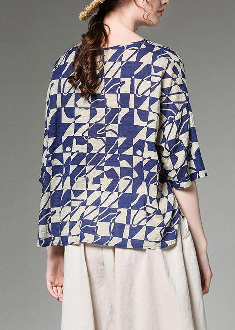 Organic Linen Cotton Tunic Korea Summer Short Sleeve Blue Plaid Blouse