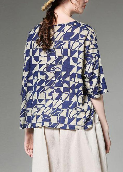 Organic Linen Cotton Tunic Korea Summer Short Sleeve Blue Plaid Blouse