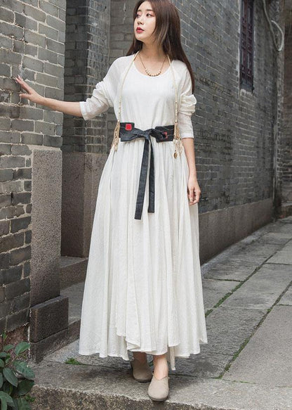 Organic Long Sleeve Cotton Linen Quilting Dresses Work White Patchwork Dress Summer