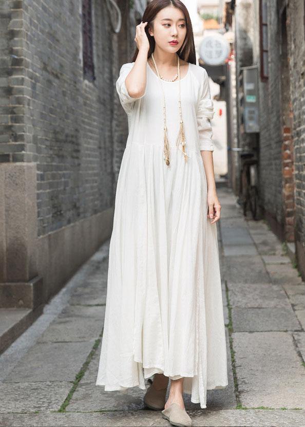 Organic Long Sleeve Cotton Linen Quilting Dresses Work White Patchwork Dress Summer