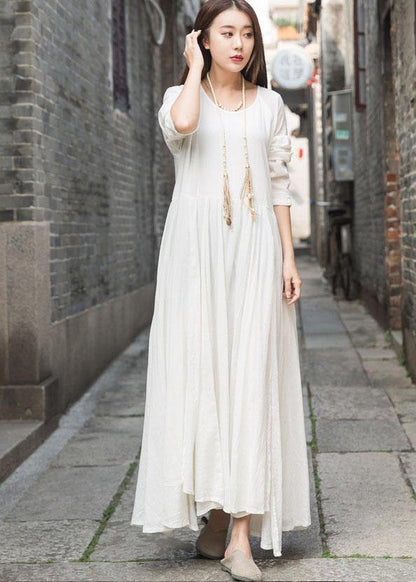 Organic Long Sleeve Cotton Linen Quilting Dresses Work White Patchwork Dress Summer