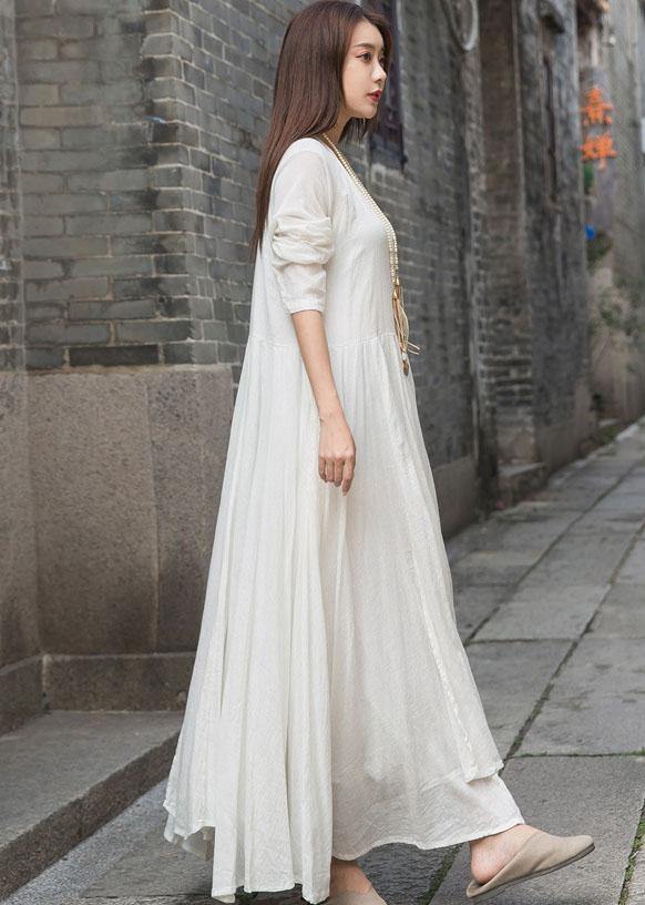 Organic Long Sleeve Cotton Linen Quilting Dresses Work White Patchwork Dress Summer