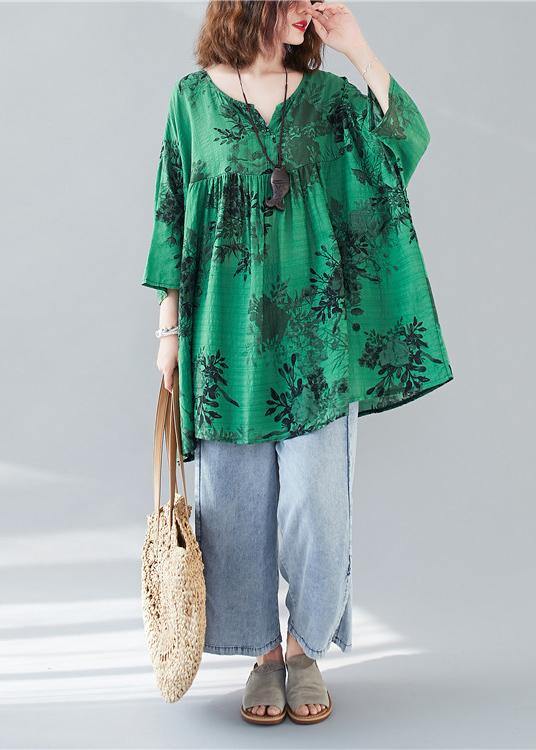 Organic Loose Cotton Linen Summerclothes Green Prints V Neck Loose Blouse