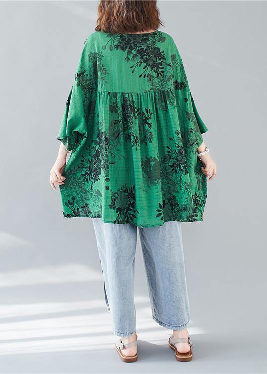 Organic Loose Cotton Linen Summerclothes Green Prints V Neck Loose Blouse
