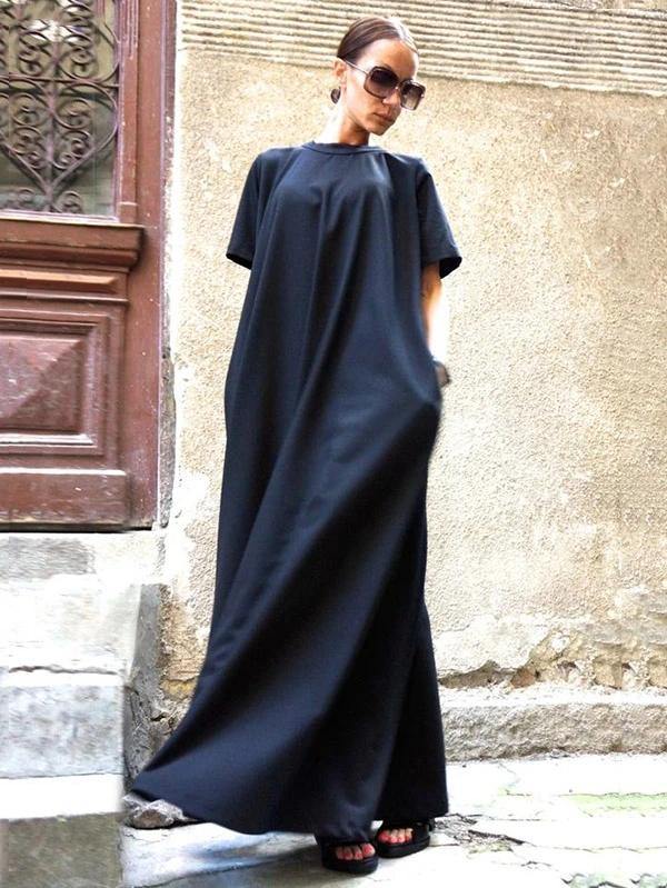 Organic Navy Dresses Short Sleeve Large Hem Cotton Spring Dresses