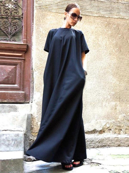 Organic Navy Dresses Short Sleeve Large Hem Cotton Spring Dresses