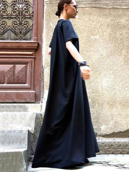 Organic Navy Dresses Short Sleeve Large Hem Cotton Spring Dresses